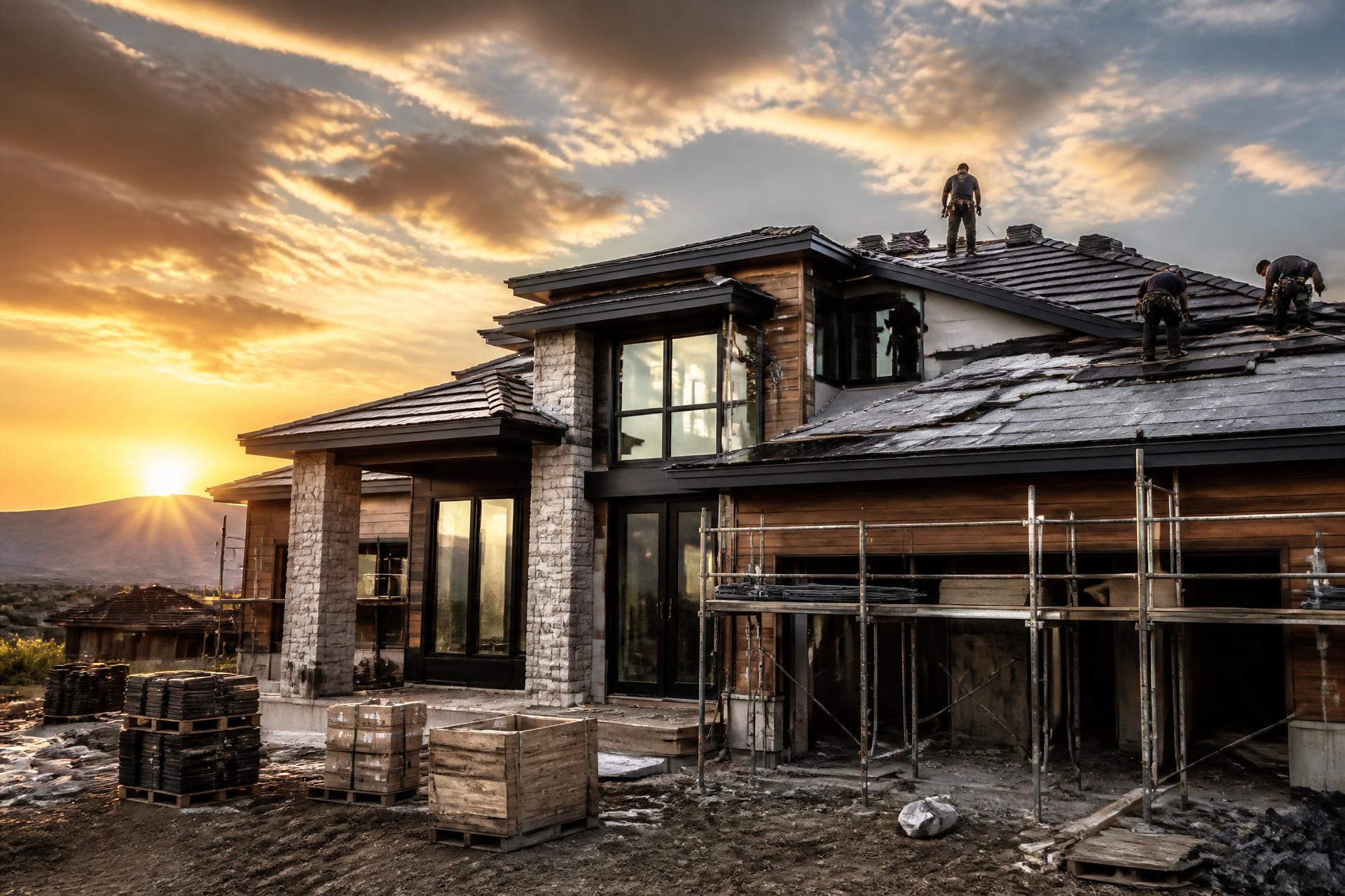 Construction crew installing a new roof on a modern luxury home at sunset