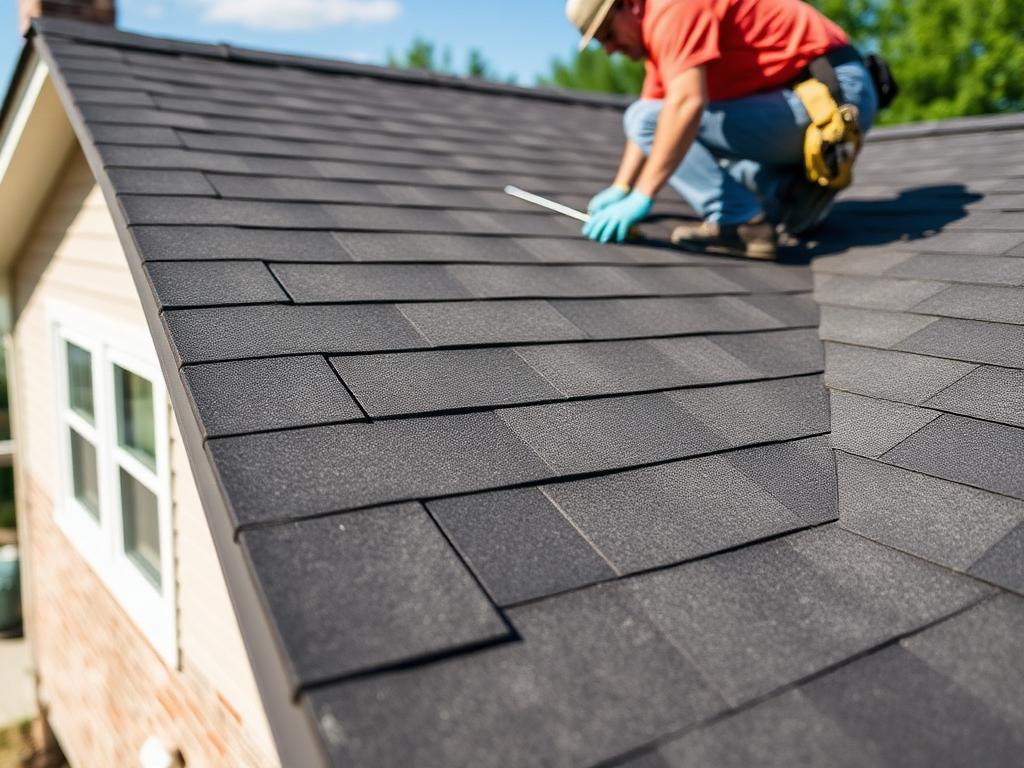 Roofer installing architectural asphalt shingles on a residential roof